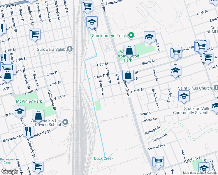 map of restaurants, bars, coffee shops, grocery stores, and more near 2243 South Pilgrim Street in Stockton