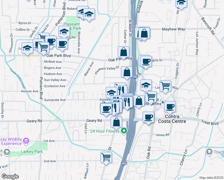map of restaurants, bars, coffee shops, grocery stores, and more near 154 Vía Del Sol in Walnut Creek