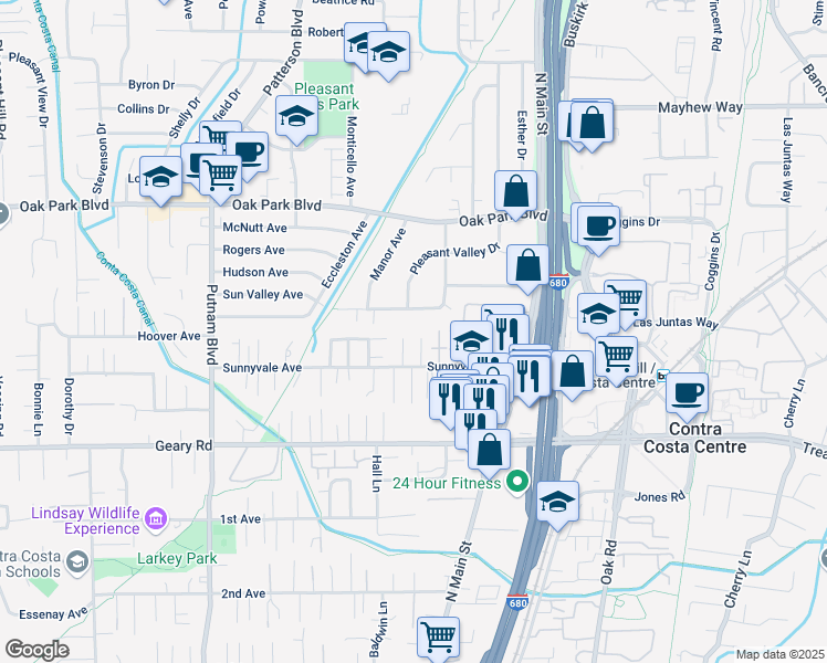 map of restaurants, bars, coffee shops, grocery stores, and more near 171 Vía Del Sol in Walnut Creek