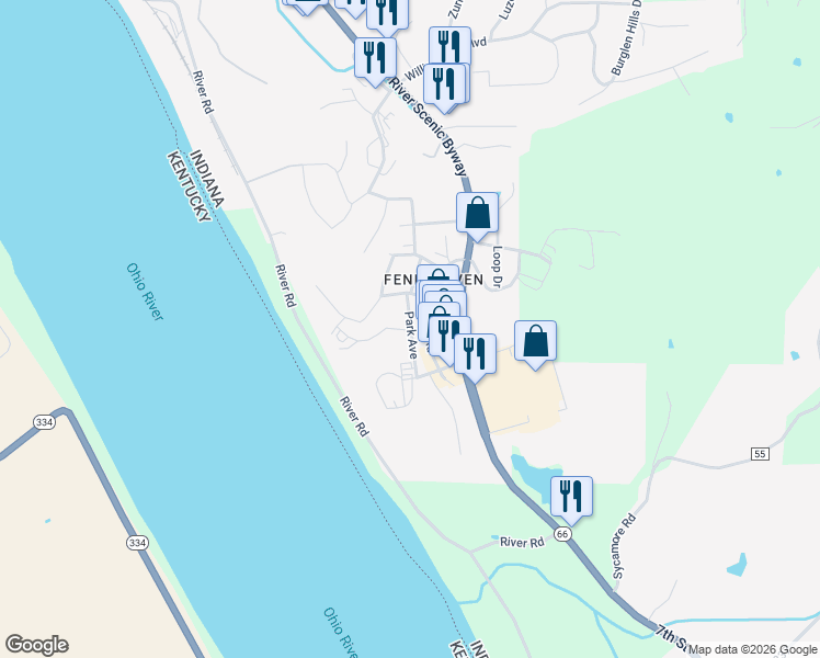 map of restaurants, bars, coffee shops, grocery stores, and more near 78 Riverview Drive in Tell City