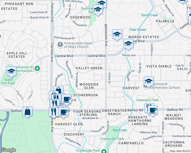 map of restaurants, bars, coffee shops, grocery stores, and more near 77 Cloverleaf Circle in Brentwood