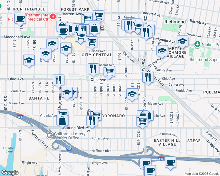 map of restaurants, bars, coffee shops, grocery stores, and more near 146 South 17th Street in Richmond
