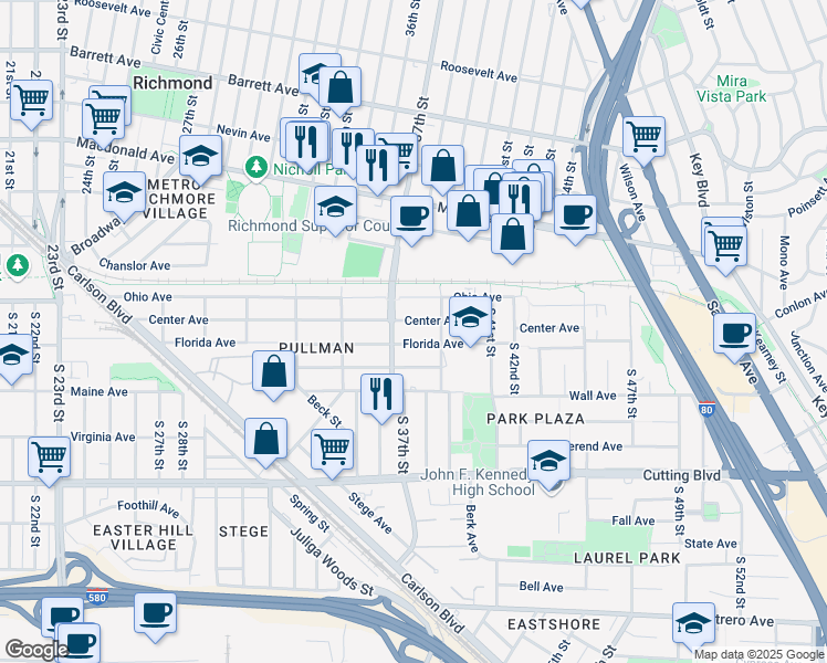 map of restaurants, bars, coffee shops, grocery stores, and more near 3724 Ohio Avenue in Richmond