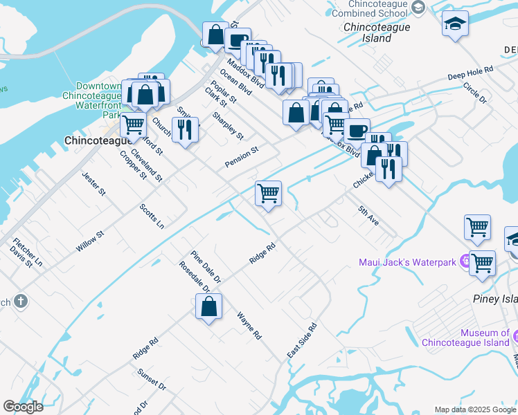 map of restaurants, bars, coffee shops, grocery stores, and more near 4310 Nocks Lane in Chincoteague Island