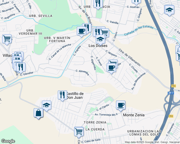 map of restaurants, bars, coffee shops, grocery stores, and more near Urbanización Pau 4 los Dolses in Orihuela