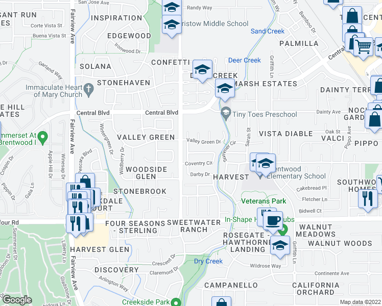 map of restaurants, bars, coffee shops, grocery stores, and more near 998 Coventry Circle in Brentwood