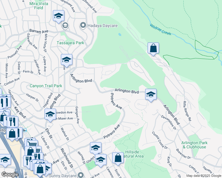 map of restaurants, bars, coffee shops, grocery stores, and more near 1700 Arlington Boulevard in El Cerrito