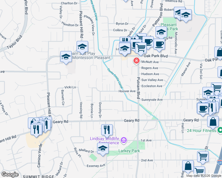 map of restaurants, bars, coffee shops, grocery stores, and more near 122 Polley Lane in Pleasant Hill