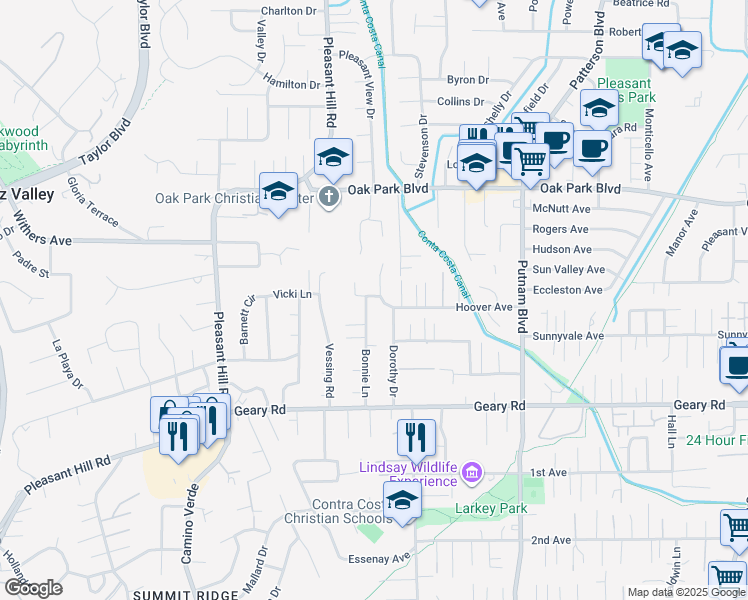 map of restaurants, bars, coffee shops, grocery stores, and more near 14 Bonnie Place in Pleasant Hill