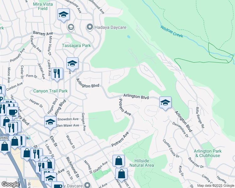 map of restaurants, bars, coffee shops, grocery stores, and more near 1700 Arlington Boulevard in El Cerrito
