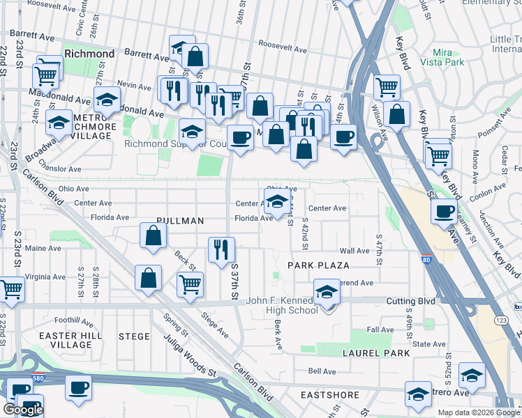 map of restaurants, bars, coffee shops, grocery stores, and more near 120 South 39th Street in Richmond