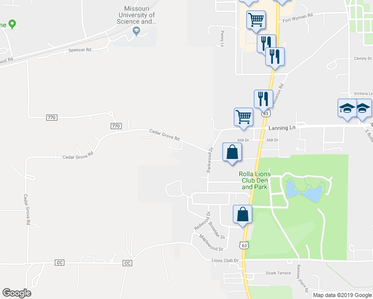 map of restaurants, bars, coffee shops, grocery stores, and more near 12006 Cedar Terrace in Rolla