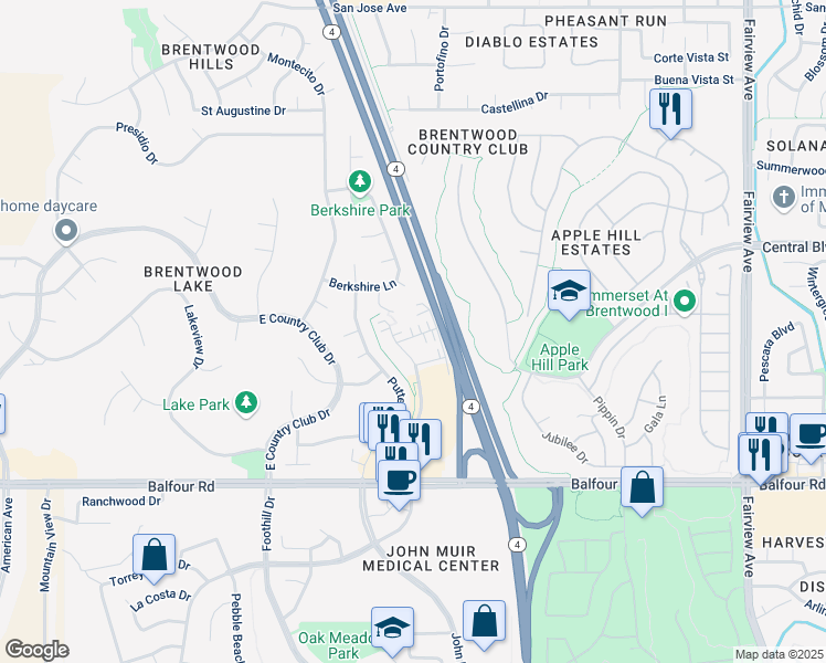 map of restaurants, bars, coffee shops, grocery stores, and more near 2151 Prato Street in Brentwood