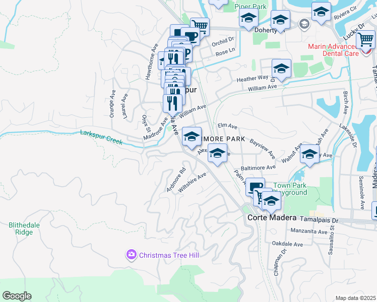 map of restaurants, bars, coffee shops, grocery stores, and more near 116 Magnolia Avenue in Larkspur