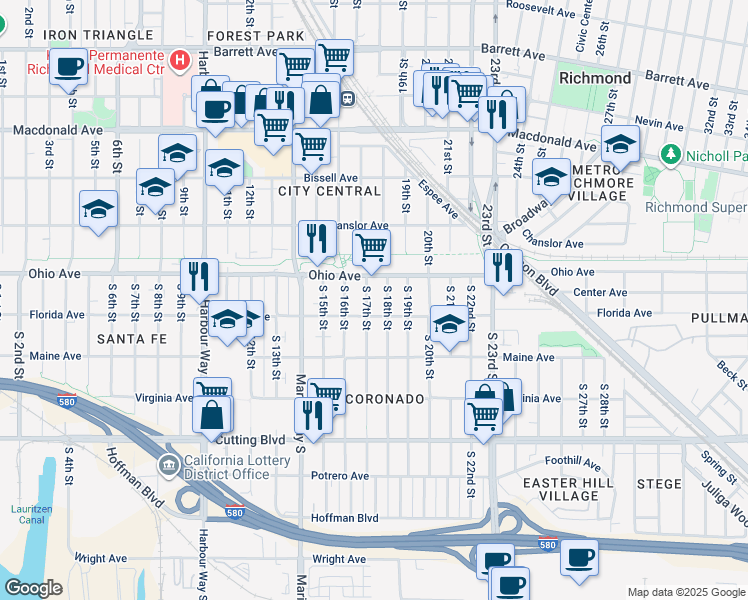 map of restaurants, bars, coffee shops, grocery stores, and more near 138 South 17th Street in Richmond