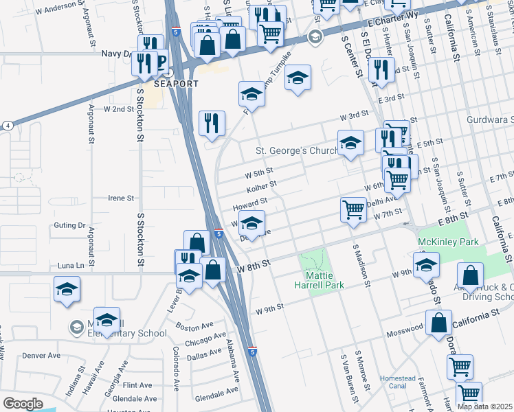map of restaurants, bars, coffee shops, grocery stores, and more near 450 Howard Street in Stockton