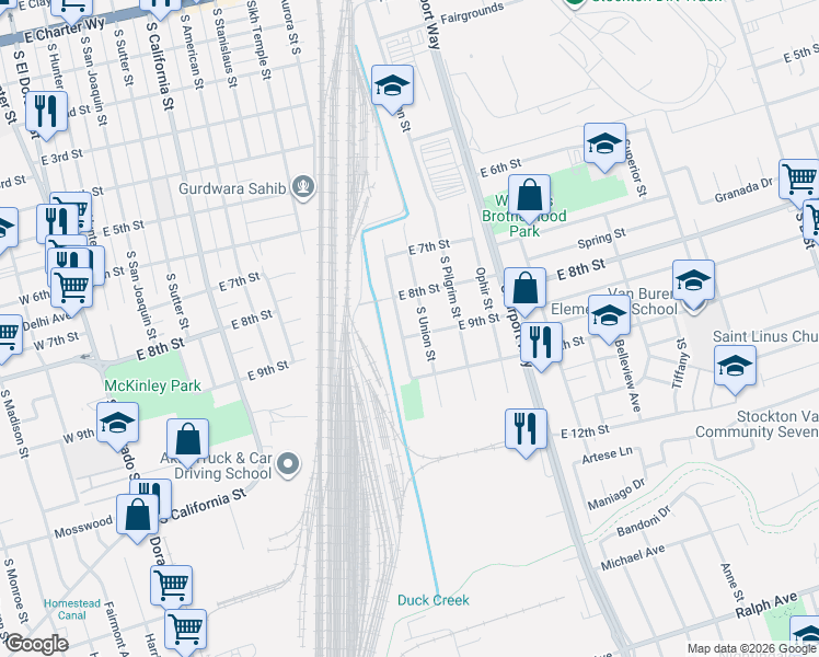 map of restaurants, bars, coffee shops, grocery stores, and more near 2227 South Union Street in Stockton
