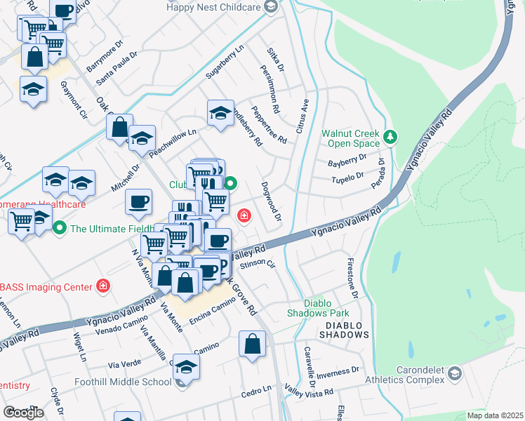 map of restaurants, bars, coffee shops, grocery stores, and more near 224 Dogwood Drive in Walnut Creek