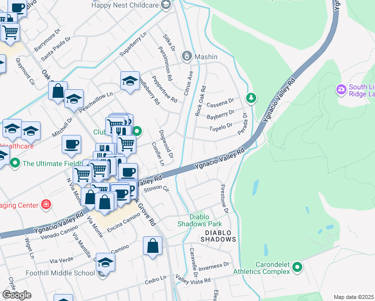 map of restaurants, bars, coffee shops, grocery stores, and more near 149 Rock Oak Court in Walnut Creek