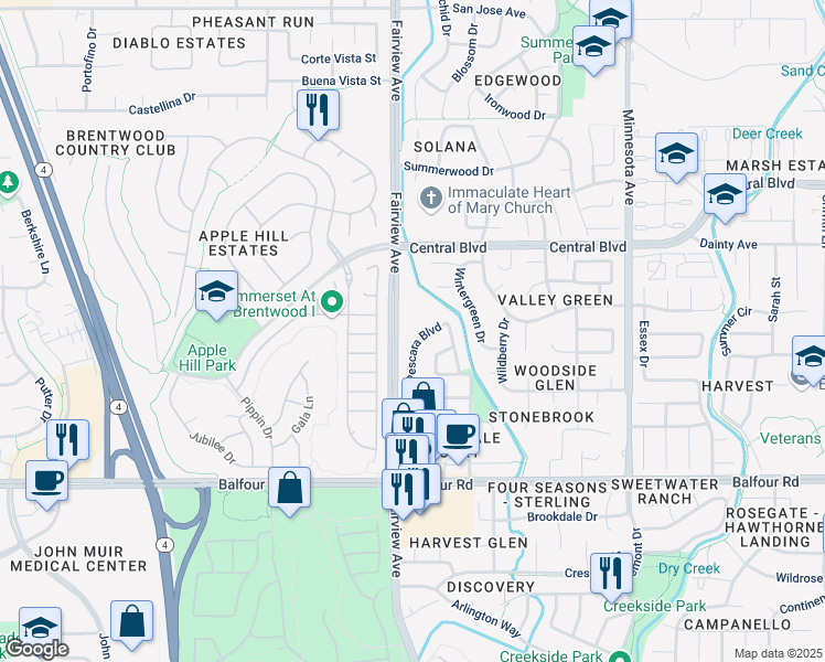 map of restaurants, bars, coffee shops, grocery stores, and more near 320 Fairview Avenue in Brentwood
