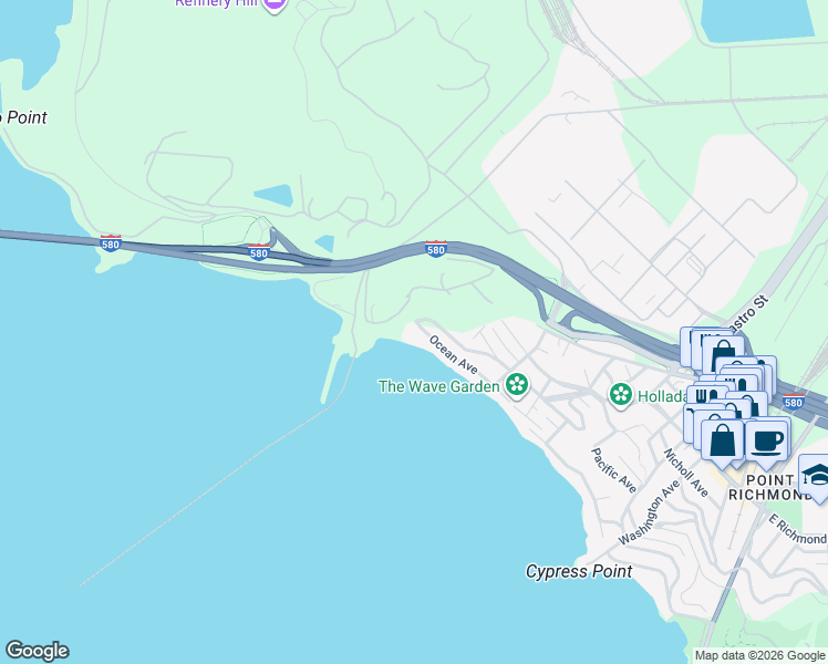 map of restaurants, bars, coffee shops, grocery stores, and more near 877 Ocean Avenue in Richmond