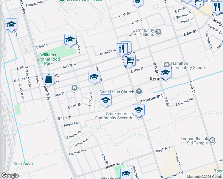 map of restaurants, bars, coffee shops, grocery stores, and more near 1868 East 10th Street in Stockton