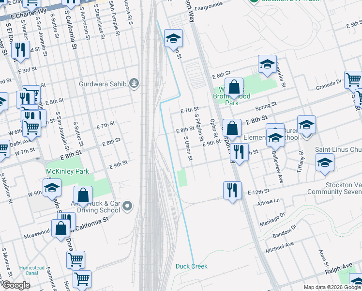 map of restaurants, bars, coffee shops, grocery stores, and more near 2227 South Union Street in Stockton