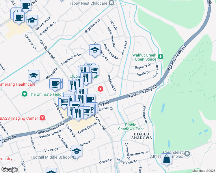 map of restaurants, bars, coffee shops, grocery stores, and more near 224 Dogwood Drive in Walnut Creek