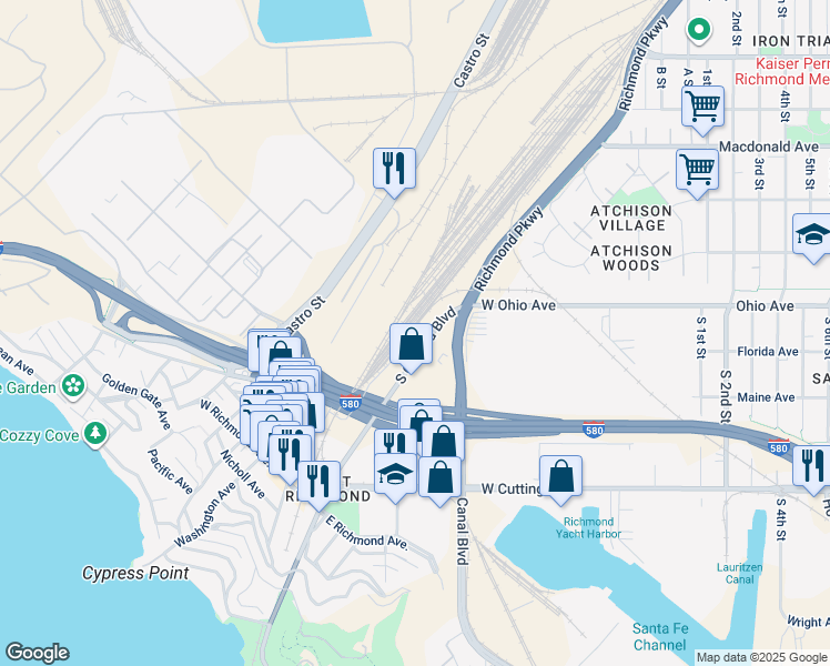 map of restaurants, bars, coffee shops, grocery stores, and more near in Richmond