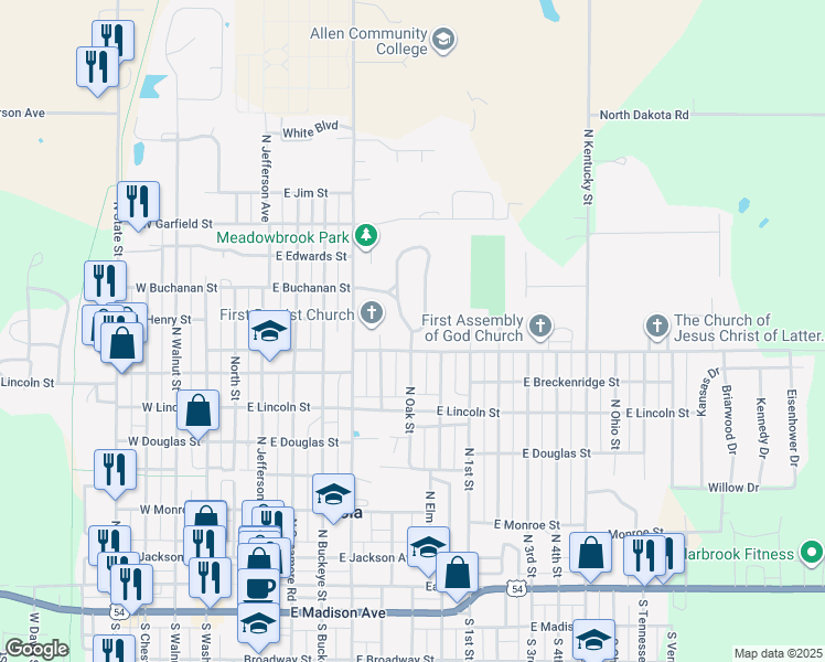 map of restaurants, bars, coffee shops, grocery stores, and more near 801 East Meadowbrook Road in Iola