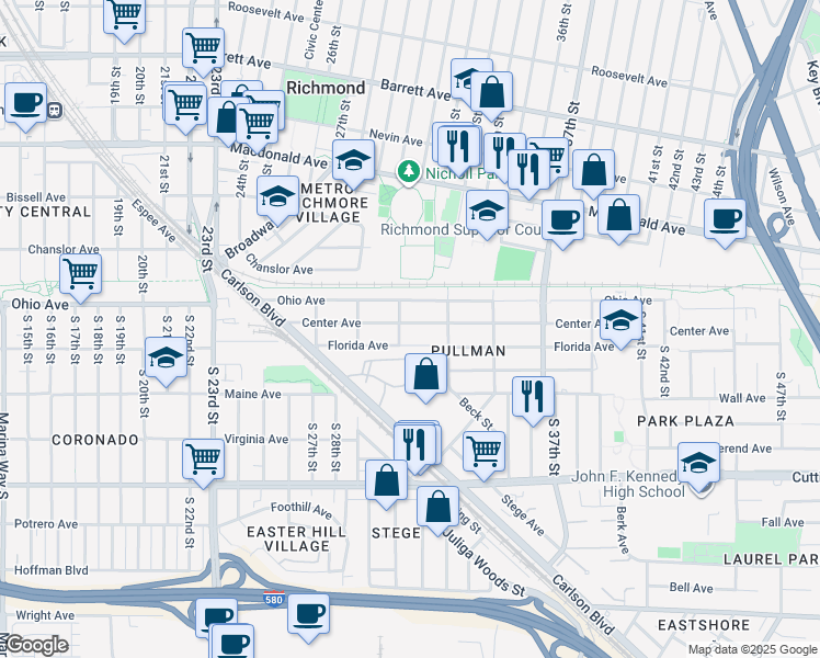 map of restaurants, bars, coffee shops, grocery stores, and more near in Richmond
