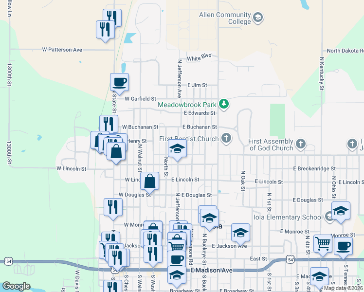 map of restaurants, bars, coffee shops, grocery stores, and more near 817 North Jefferson Avenue in Iola