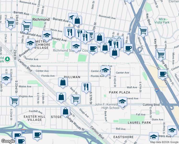 map of restaurants, bars, coffee shops, grocery stores, and more near 3724 Ohio Avenue in Richmond
