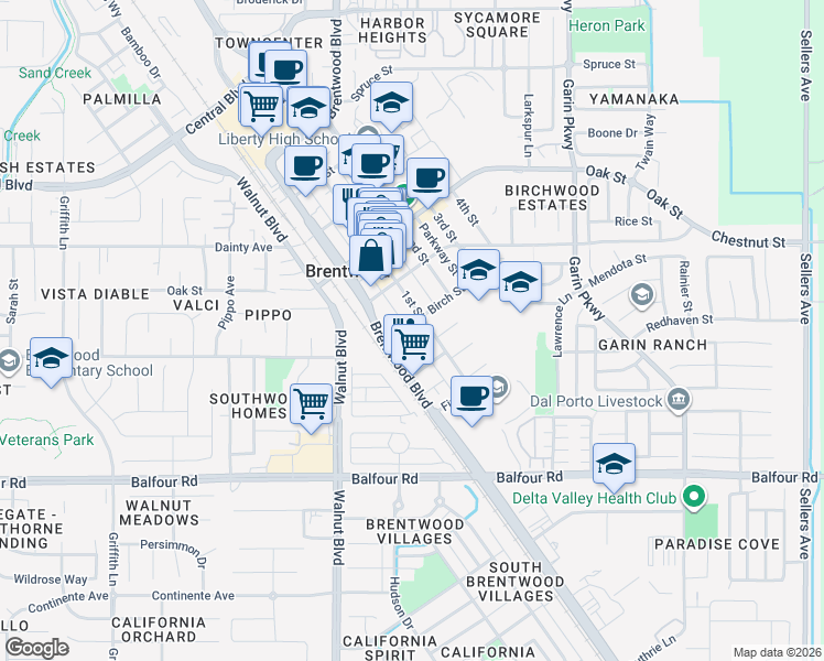 map of restaurants, bars, coffee shops, grocery stores, and more near 320 Birch Street in Brentwood