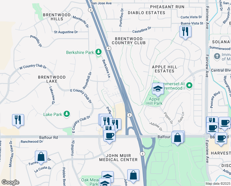 map of restaurants, bars, coffee shops, grocery stores, and more near 2141 Prato Street in Brentwood