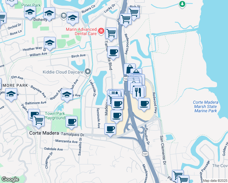 map of restaurants, bars, coffee shops, grocery stores, and more near Madera Boulevard in Corte Madera