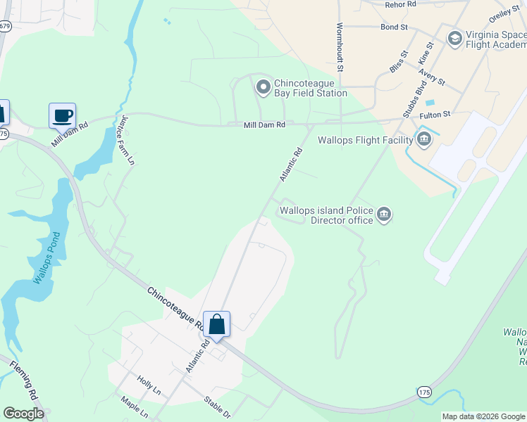 map of restaurants, bars, coffee shops, grocery stores, and more near 144 Blades Circle in Wallops Island