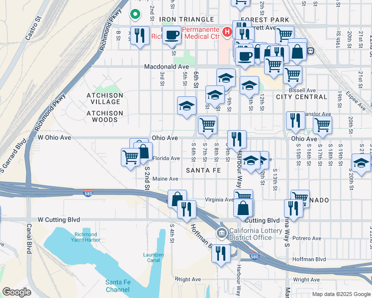 map of restaurants, bars, coffee shops, grocery stores, and more near 120 South 6th Street in Richmond