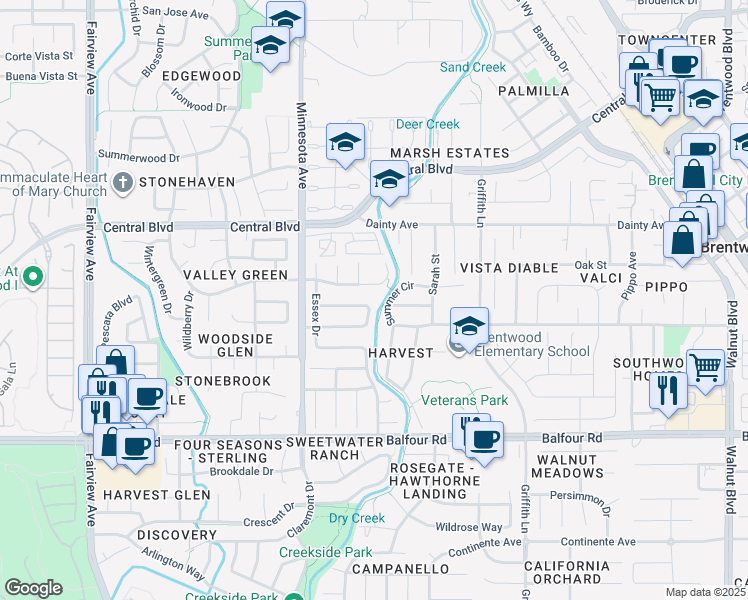 map of restaurants, bars, coffee shops, grocery stores, and more near 887 Coventry Circle in Brentwood
