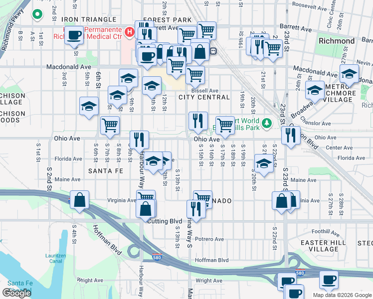 map of restaurants, bars, coffee shops, grocery stores, and more near 1413 Ohio Avenue in Richmond