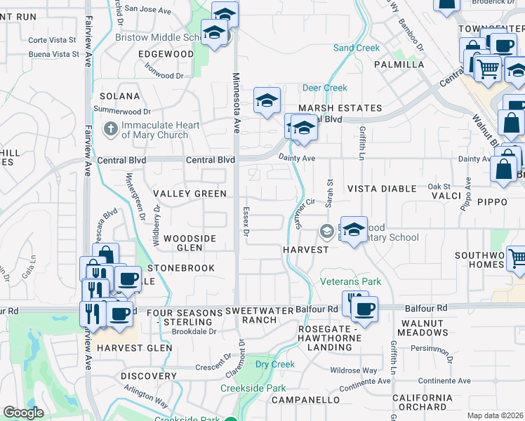 map of restaurants, bars, coffee shops, grocery stores, and more near 665 Valley Green Drive in Brentwood