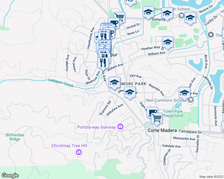 map of restaurants, bars, coffee shops, grocery stores, and more near 126 Magnolia Avenue in Larkspur