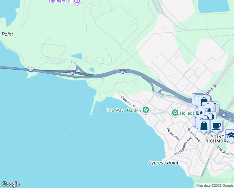 map of restaurants, bars, coffee shops, grocery stores, and more near 877 Ocean Avenue in Richmond