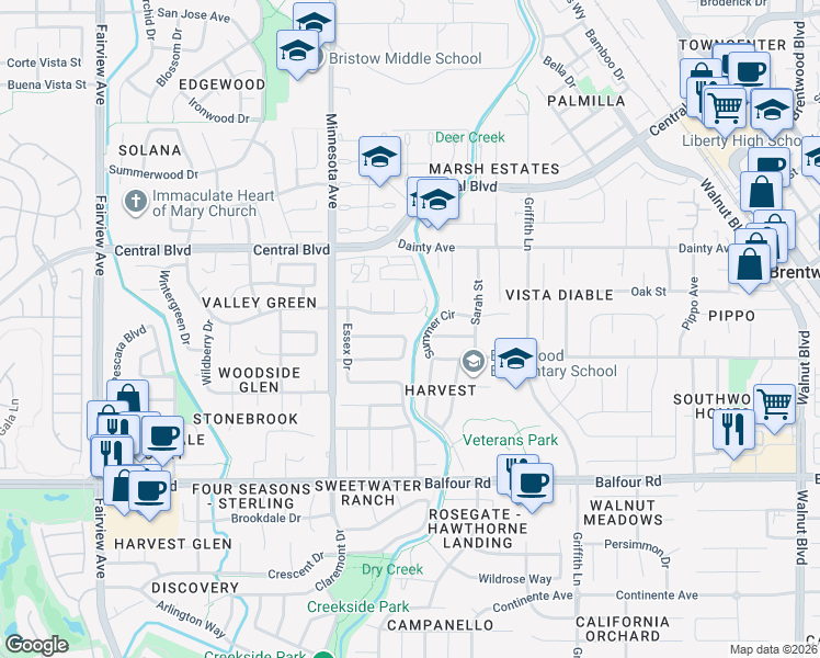 map of restaurants, bars, coffee shops, grocery stores, and more near 887 Coventry Circle in Brentwood
