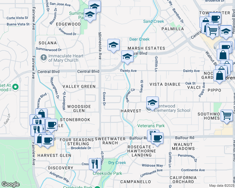 map of restaurants, bars, coffee shops, grocery stores, and more near 915 Coventry Circle in Brentwood