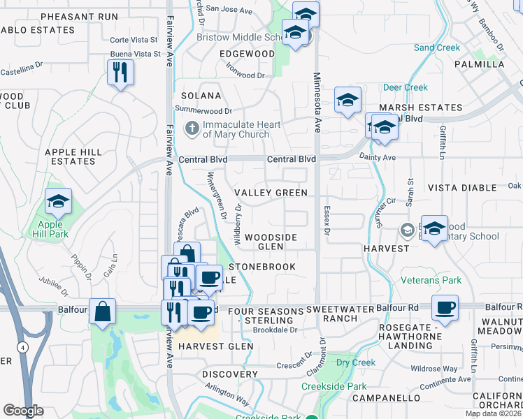 map of restaurants, bars, coffee shops, grocery stores, and more near 783 Peachwillow Drive in Brentwood