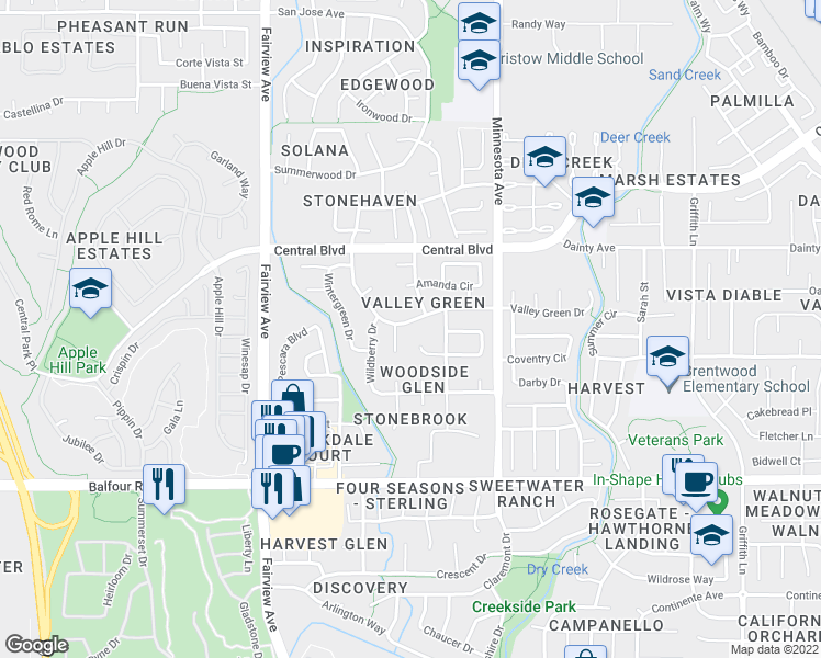 map of restaurants, bars, coffee shops, grocery stores, and more near 773 Valley Green Drive in Brentwood