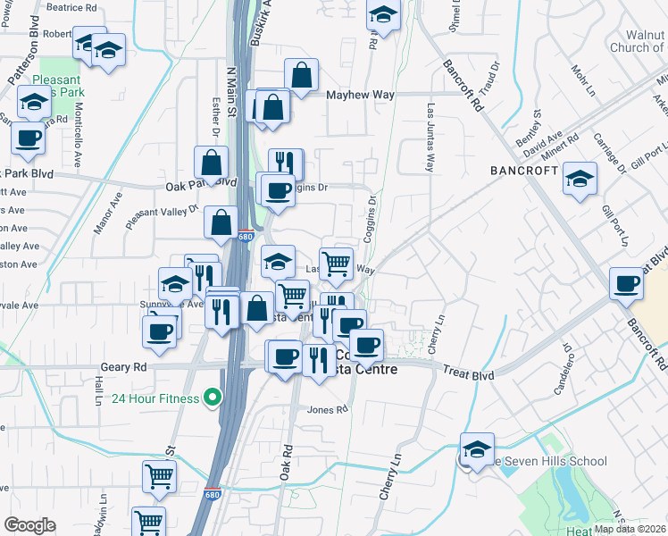 map of restaurants, bars, coffee shops, grocery stores, and more near Las Juntas Way & Iron Horse Ln in Walnut Creek