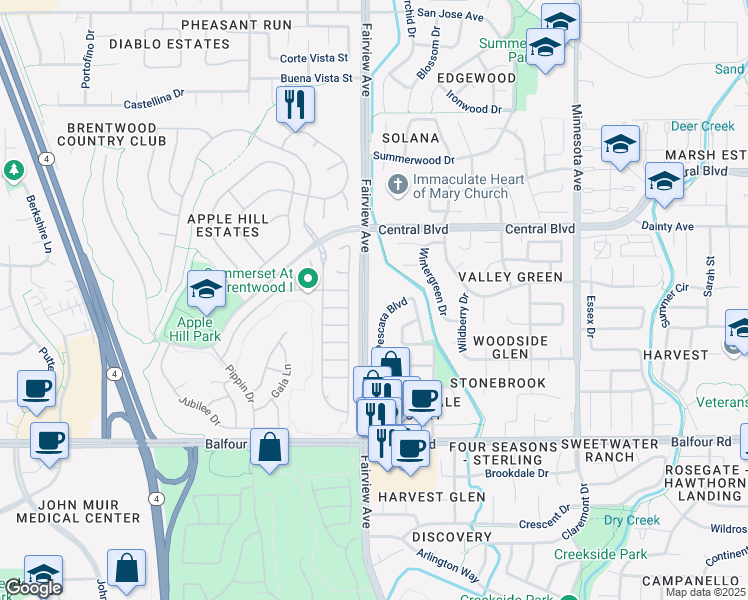 map of restaurants, bars, coffee shops, grocery stores, and more near 320 Fairview Avenue in Brentwood