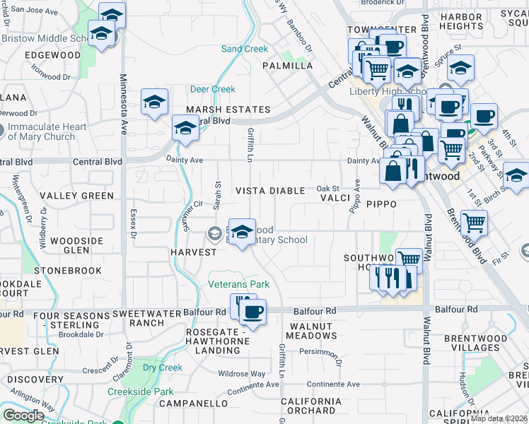 map of restaurants, bars, coffee shops, grocery stores, and more near 601 Sequoia Street in Brentwood